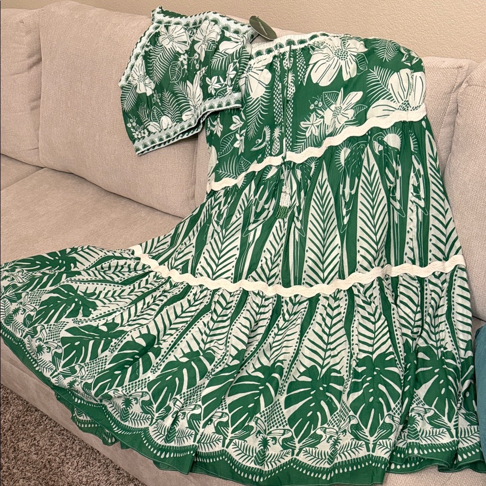 FARM Rio Green and White Floral Maxi skirt with matching one shoulder crop top.